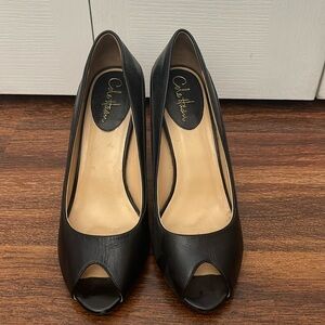 Cole Haan black leather peep toe womans wedge shoes. US size 10, used